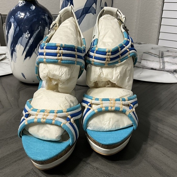 BAKERS TURQUOISE BONITA CRISS CROSS HIGH HEEL PEEP TOE PUMPS 8M - Picture 2 of 5